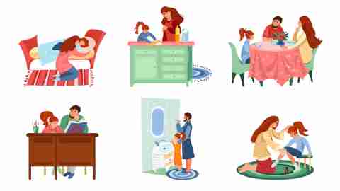 Set of families in everyday situations enjoying life vector illustration