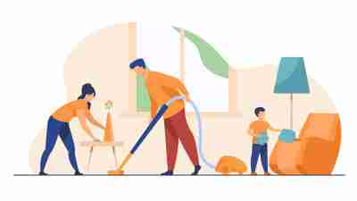 Happy family housekeeping together flat vector illustration. Daughter, mother and father working for household and clean home. Housekeeping and house concept