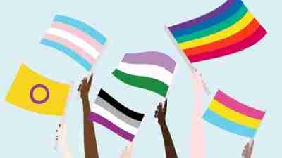 LGBT rainbow colors. People with flags